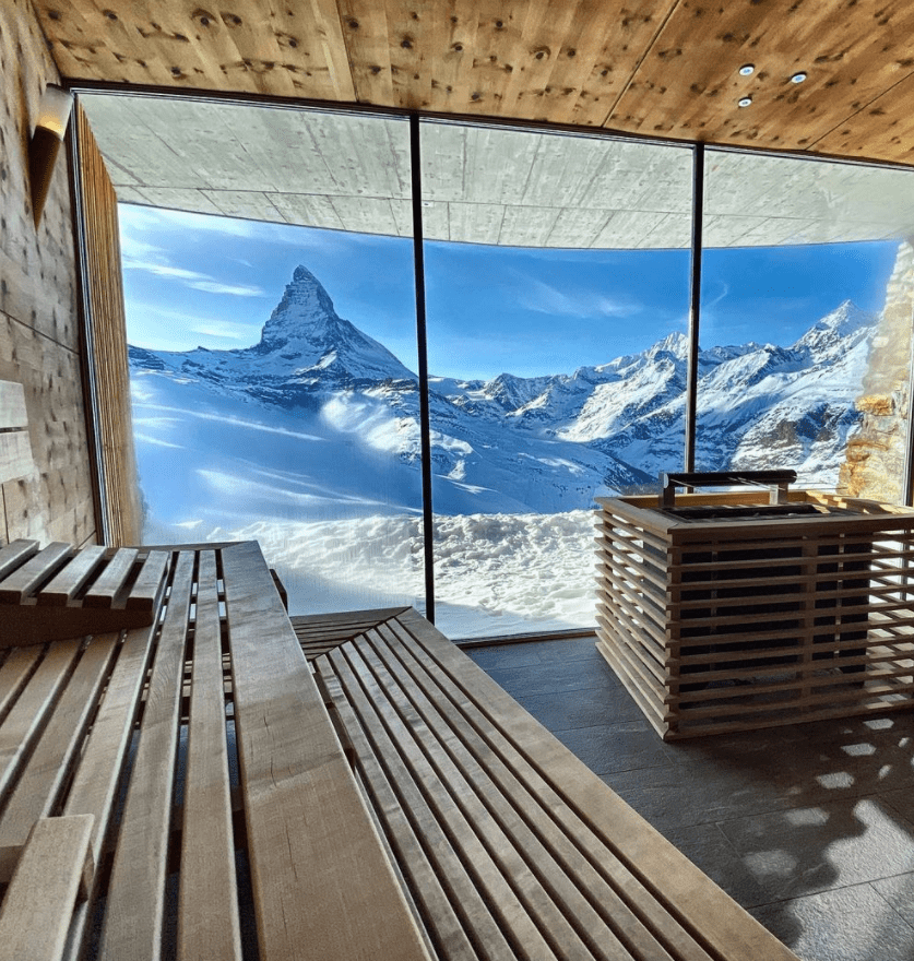 Sauna in the Zermatt Riffelhaus Spa Resort with view of Matterhorn